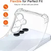 A clear phone case is shown on the back of a phone, highlighting its features. Produktbild-Vorschau