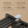 A close-up view of a black towel radiator with a digital display and control panel, accompanied by text boxes explaining different operating modes. Anteprima dell’immagine prodotto
