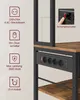 A close-up view of a power strip integrated into a shelf unit, with feature callouts on the left. Produktbild-Vorschau