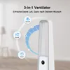 A diagram showing the different modes of a white bladeless fan. Voir les images du produit