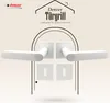 A marketing image showcasing white door handles with square rosettes, presented against a light beige and white patterned background. Produktbild-Vorschau