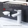A white bathroom faucet and soap dish are shown against a dark textured wall and a white sink. Produktbild-Vorschau