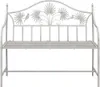 A white metal garden bench with decorative palm leaf and bird motifs on the backrest, set against a plain white background. Podgląd zdjęcia produktu