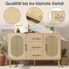 A wooden sideboard with rattan details and gold accents, presented with close-up feature callouts. Podgląd zdjęcia produktu