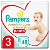 The front of a Pampers Premium Care diaper package, showing a baby and product details. Produktbild-Vorschau