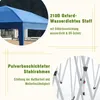 Close-up views of a blue pop-up pavilion's fabric and metal frame, with descriptive text highlighting features. Produktbild-Vorschau