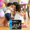 A mother is hugging her two children, surrounded by balloons, with a box of magnetic building blocks in the foreground. Produktbild-Vorschau