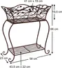 A brown metal plant stand with a basket and a lower shelf, with dimensions indicated by text overlays. Anteprima dell’immagine prodotto