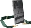 A clear, studio shot of a transparent phone case with a green strap attached, presented on a white background. Produktbild-Vorschau