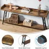 A long, narrow console table with two shelves, decorated with various items, shown in a room setting with a light blue wall and wooden floor. Close-up shots highlight product features. Anteprima dell’immagine prodotto