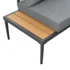 A close-up view of a section of an outdoor lounge set, showing the armrest and a wooden table surface. Voir les images du produit