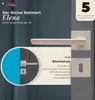 A close-up marketing image of a satin nickel door handle set, highlighting its design and material. Produktbild-Vorschau