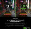 A split image showing a car driving in a futuristic city at night, with performance metrics displayed on each side. Voir les images du produit