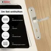 A door handle set is shown with a list of included items. Produktbild-Vorschau