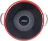 The bottom view of a red pot with a black induction base and silver handles. Produktbild-Vorschau