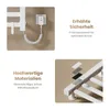 A collage of images showing details of a white electric towel warmer, including its power switch, material layers, and general design. Anteprima dell’immagine prodotto