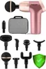A pink massage gun with multiple attachments, a carrying case, and a green shield icon. Produktbild-Vorschau