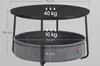 A round coffee table with a fabric basket underneath, showing dimensions and weight capacities. Produktbild-Vorschau