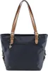 A studio shot of a navy blue tote bag with brown leather straps. Náhled obrázku produktu