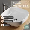 A white ceramic washbasin with a chrome faucet is shown on a wooden countertop. Produktbild-Vorschau