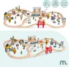 Two images of a wooden train set with city accessories, arranged in different configurations. Podgląd zdjęcia produktu