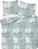A top-down view of a bedding set with a floral pattern on a light mint green background. Produktbild-Vorschau