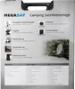 The image shows the packaging of a camping satellite system, with various components and features listed. Produktbild-Vorschau