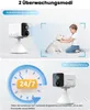 The image shows two different monitoring modes for a security camera: motion-triggered recording and 24/7 recording. The top panel depicts a child interacting with a dog, with the camera in the foreground and a framing box indicating motion detection. The  Produktbild-Vorschau