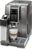 A DeLonghi Dinamica Plus coffee machine is shown from the front-left, with a glass of latte macchiato in front of it. Produktbild-Vorschau