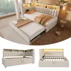 A collage of images showing a beige upholstered corner sofa bed with a pull-out trundle bed, featuring built-in shelving and LED lighting. Podgląd zdjęcia produktu