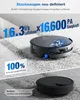 A robot vacuum cleaner is shown cleaning a carpet, with text highlighting its suction power and cleaning efficiency. Produktbild-Vorschau