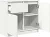 A white cabinet with a drawer and two doors, one of which is open. Voir les images du produit