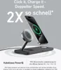 A magnetic wireless charging stand with a phone and a charging pad. Produktbild-Vorschau
