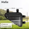 A black bicycle frame bag is shown against a blurred outdoor background of grass and trees. Dimensions and volume are indicated. Produktbild-Vorschau