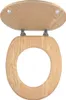 A wooden toilet seat and lid are shown from a top-down perspective, open and attached by metal hinges. Náhľad obrázku produktu