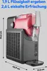 A slush ice maker with a red liquid in the container, shown with dimensions indicated by lines and numbers. Produktbild-Vorschau