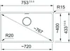 A technical drawing of a sink with dimensions and radii indicated. Podgląd zdjęcia produktu
