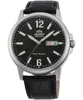 A close-up studio shot of an Orient men's watch with a black dial and black leather strap. Voir les images du produit