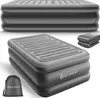 Multiple views of a gray inflatable mattress with a storage bag and a folded mattress. Produktbild-Vorschau
