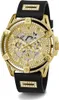 A close-up studio shot of a gold and black Guess watch with crystal embellishments. Podgląd zdjęcia produktu