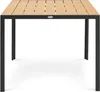 A square outdoor dining table with a slatted wood-effect top and dark gray metal legs, presented on a white background. Produktbild-Vorschau