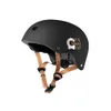 A black children's helmet with tan straps and a graphic on the side. Produktbild-Vorschau