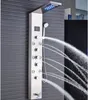A modern stainless steel shower panel with multiple jets and a LED illuminated showerhead. Náhled obrázku produktu