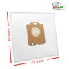 A white vacuum cleaner bag with a brown cardboard attachment is shown against a white background. Dimensions are indicated with red lines and text. Produktbild-Vorschau