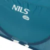 Close-up of a teal tent fabric with brand logos. Anteprima dell’immagine prodotto