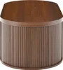 A studio shot of a wooden coffee table with a slatted base and a curved top. Produktbild-Vorschau