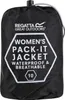 A black drawstring bag with white text and logos indicating it contains a women's pack-it jacket. Produktbild-Vorschau