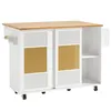 A white kitchen island with a wooden countertop and gold-tinted glass doors, shown from a front-side angle on a white background. Produktbild-Vorschau
