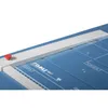 Close-up view of a blue paper cutter with silver and red accents. Voir les images du produit