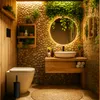 A modern bathroom with a stone wall, wooden accents, and lush greenery, featuring a toilet and a vanity with a sink. Anteprima dell’immagine prodotto